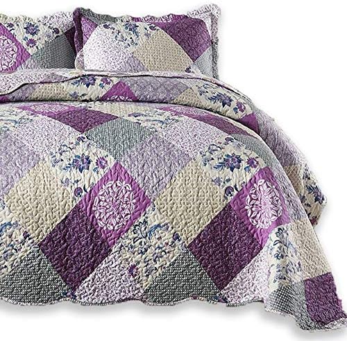  ENJOHOS Quilts Queen Size Queen Quilt Set Grey Quilt Bedspread Reversible Patchwork Floral Coverlet Set, Lightweight Country Quilts Bedding Set With 2 Pillow Shams（Grey Flower Plaid2）