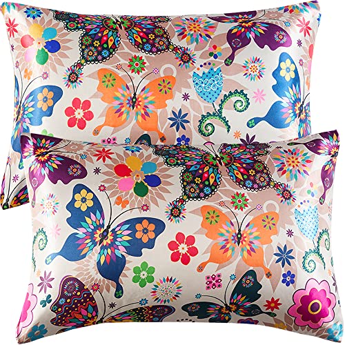 Satin Pillowcase For Hair And Skin,Pillowcases Standard Set Of 2,Silky Boho Pillow Covers 2 Pack Soft&Cozy Silk Satin Pillow Cases For Women 2 Pack With Envelope Closure(20x26,Butterfly)