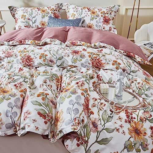  OAITE Duvet Cover Set,600 Thread Count Cotton Floral Bedding Comforter Cover Set Includes With 3Pcs (2 Pillow Shams,1 Duvet Cover)