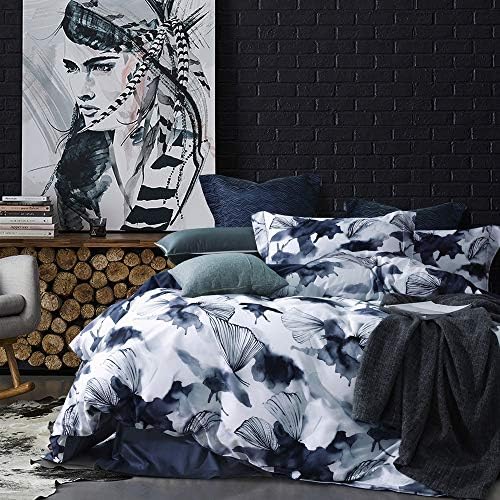  MILDLY 100% Egyptian Cotton Duvet Cover Set Gradient Blue Leaves Printed Comforter Cover Set Farmhouse Plant Reversible Baby Blue Bedding Set King Size With Zipper Closure & Corner Ties
