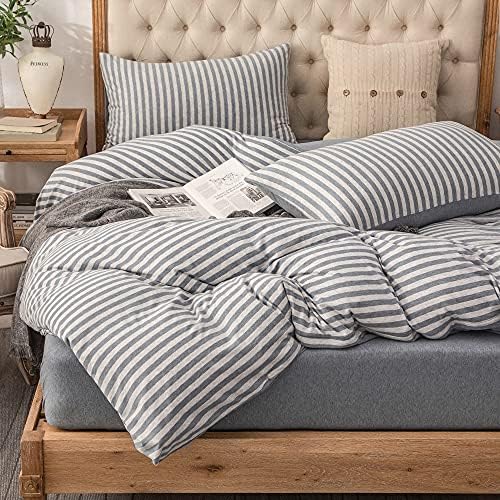  PURE ERA Jersey Knit Duvet Cover Set 100% T-Shirt Heather Cotton Super Soft Comfy Classic Striped Design, With Zipper Closure, Forest Green Stripe, Queen