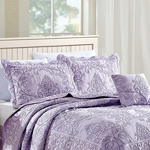  Home Soft Things Damask 4 Piece Bedspread Set,Scalloped Edge Reversible Quilt Coverlet Comforter Prewashed Bedding Set, Matelasse Embossed Floral Solid Pattern,Lavender Fog Oversize King(120" X 120")