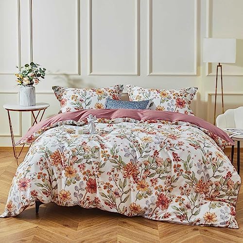  OAITE Duvet Cover Set,600 Thread Count Cotton Floral Bedding Comforter Cover Set Includes With 3Pcs (2 Pillow Shams,1 Duvet Cover)
