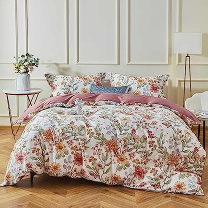  OAITE Duvet Cover Set,600 Thread Count Cotton Floral Bedding Comforter Cover Set Includes With 3Pcs (2 Pillow Shams,1 Duvet Cover)