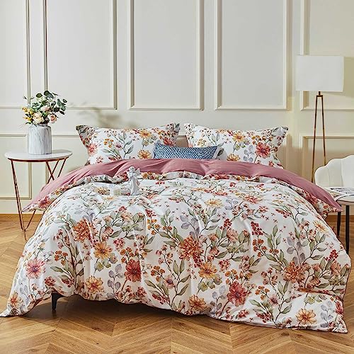  OAITE Duvet Cover Set,600 Thread Count Cotton Floral Bedding Comforter Cover Set Includes With 3Pcs (2 Pillow Shams,1 Duvet Cover)