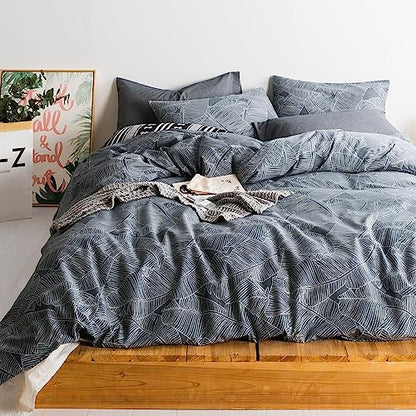  SUSYBAO Gray Botanical Duvet Cover King 100% Cotton Tropical Plant Duvet Cover 3 Pieces Set 1 Banana Leaves Patterned Duvet Cover With Zipper Ties 2 Pillowcases Luxury Soft Grey Leaf Bedding Set