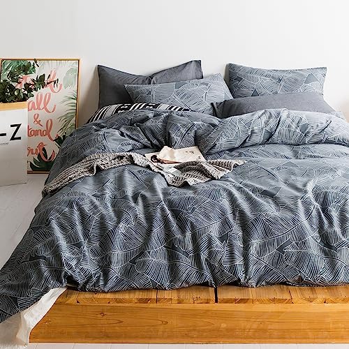  SUSYBAO Gray Botanical Duvet Cover King 100% Cotton Tropical Plant Duvet Cover 3 Pieces Set 1 Banana Leaves Patterned Duvet Cover With Zipper Ties 2 Pillowcases Luxury Soft Grey Leaf Bedding Set