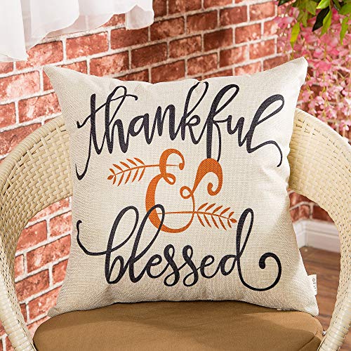  Rustic Autumn Fall Décor Thankful And Blessed Farmhouse Style Thanksgiving Day Decoration Cotton Linen Home Decorative Throw Pillow Case Cushion Cover With Words For Sofa Couch, 18" X 18"