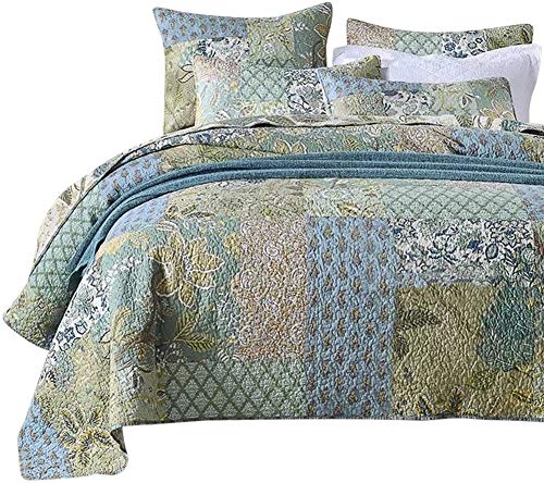  MaiuFun Cotton Bedspread Quilt Sets Queen/Full Size, Reversible Bohemian Floral Patchwork With Real Stitched Plaid Patterns, 3-Piece Bedding Coverlet For All Season (1 Quilt + 2 Pillow Shams)