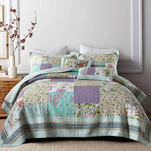  NEWLAKE Bohemian Floral Pattern Bedspread Quilt Set With Real Stitched Embroidery,Queen Size