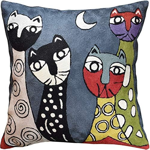  Kashmir Designs Cat Pillow Cover | Kitty Accent Pillow | Modern Cats Cushion | Colorful Cat Pillows | Cat Face On Pillow | Cat Lover Gift | Hand Embroidered Cushions | Wool Size - 18x18