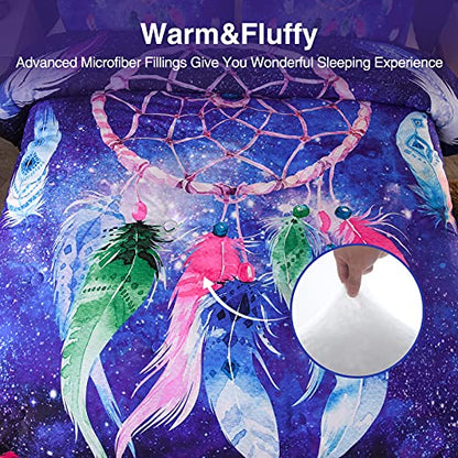  A Nice Night Galaxy Dreamcatcher Feathers,Like Dancing In The Air Printed, Boho Chic Bohemian Design, Dream Catcher Quilt Comforter Set (Blue, Queen(88-by-88-inches))