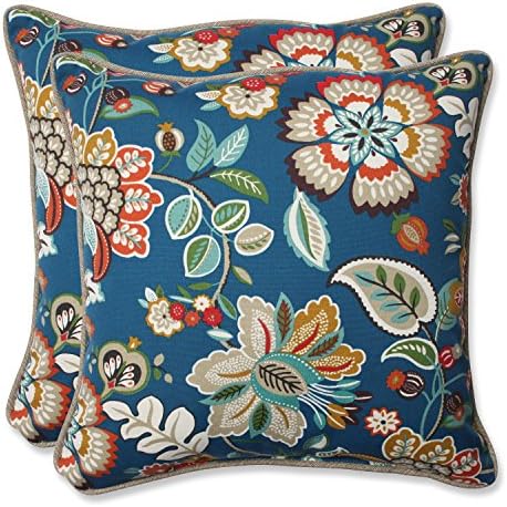  Pillow Perfect Floral Outdoor Throw Accent Pillow, Plush Fill, Weather, And Fade Resistant, Large Lumbar - 16.5" X 24.5", Blue/Tan Telfair, 2 Count