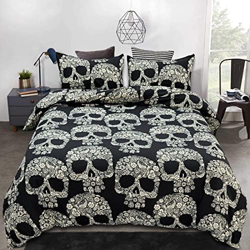  Zhh Death Moth Skull Duvet Cover 3Pcs Queen Size Black Gothic Bedding Soft Microfiber Fashion Printed Skeleton Comforter Cover (1 X Quilt Cover, 2 X Pillowcases)