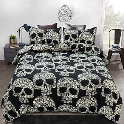  Zhh Death Moth Skull Duvet Cover 3Pcs Queen Size Black Gothic Bedding Soft Microfiber Fashion Printed Skeleton Comforter Cover (1 X Quilt Cover, 2 X Pillowcases)