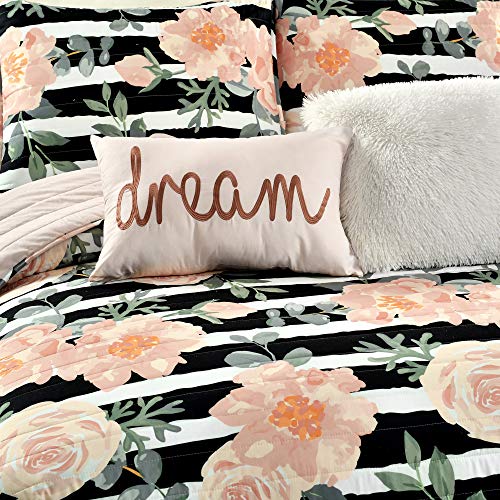  Lush Decor Amara Watercolor Rose 5 Piece Quilt Set, Black & Dusty Rose, King