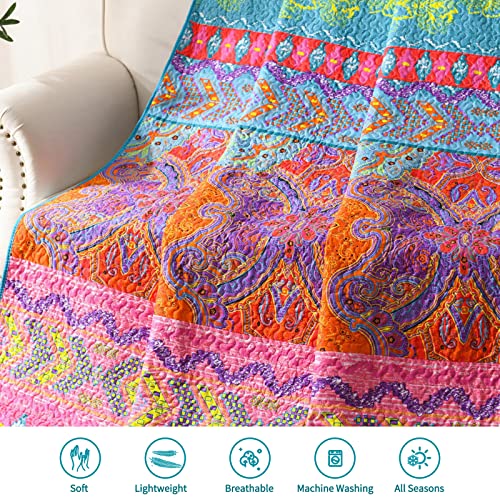  Quilt Throw Blanket - Lightweight Microfiber Pink And Blue Striped Floral Boho Quilts, Reversible Bohemian Quilt Bed Spread For Twin Bed And Couch, 59” X 79”