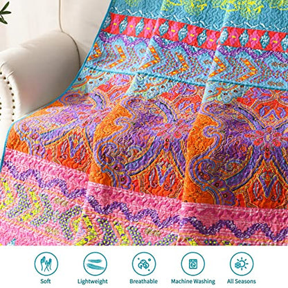  Quilt Throw Blanket - Lightweight Microfiber Pink And Blue Striped Floral Boho Quilts, Reversible Bohemian Quilt Bed Spread For Twin Bed And Couch, 59” X 79”