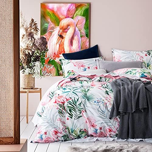  Eikei Palm Leaves Duvet Cover And Pillowcases Set Tropical Exotic Island Flowers Trees Branches Paradise Birds Bedding Jungle Plants Modern Botanical Print Long Staple Cotton (Pine Green, King)