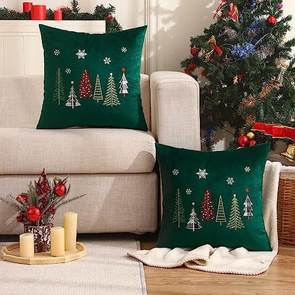  Tosleo Christmas Tree Throw Pillow Covers 16x16 Inch Pack Of 2 Christmas Decoration Forest Green Embroideried Throw Pillow Covers For Christmas Party Bed Sofa Cushion Car