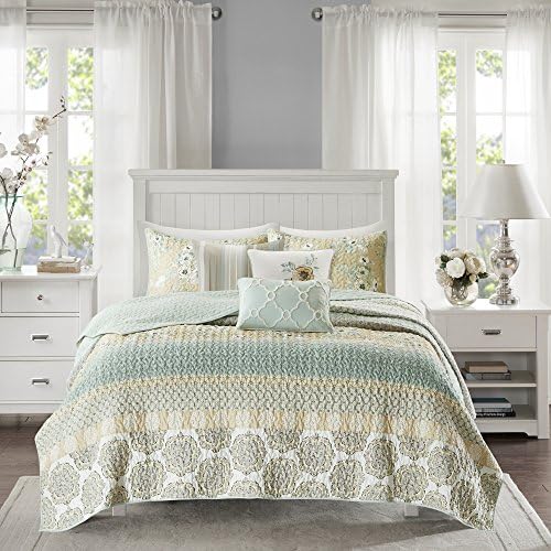  Madison Park 100% Cotton Quilt Set Floral Print, Double Sided Stitching, All Season, Lightweight Coverlet Shabby Chic Bedding Layer, Matching Shams, Full/Queen, Pink 6 Piece