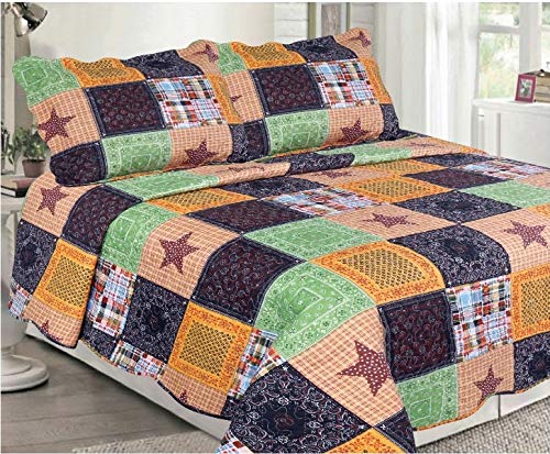  Sapphire Home 3 Piece Queen Size Bedspread Coverlet Quilt Bedding Set W/2 Pillow Shams, Multicolor Squares Patchwork Orange Black Green Paisley Star, Queen WX01