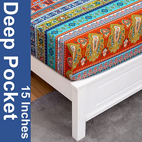  Jekeno Full Size Bohemian Bedding Sheet Set, Boho Sheet Set 3 Piece Colorful Tribal Striped Bed Sheets Set + Deep Pocket Fitted Sheets + Flat Sheet + Pillow Case
