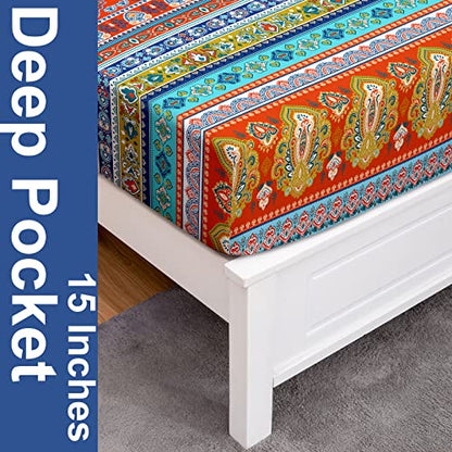  Jekeno Full Size Bohemian Bedding Sheet Set, Boho Sheet Set 3 Piece Colorful Tribal Striped Bed Sheets Set + Deep Pocket Fitted Sheets + Flat Sheet + Pillow Case