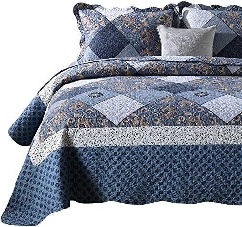  ENJOHOS Quilts Queen Size Queen Quilt Set Grey Quilt Bedspread Reversible Patchwork Floral Coverlet Set, Lightweight Country Quilts Bedding Set With 2 Pillow Shams（Grey Flower Plaid2）