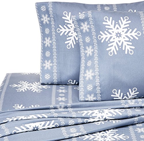  Amazon Brand – Pinzon Cotton Flannel Bed Sheet Set - Twin, Snowflake Dusty Blue