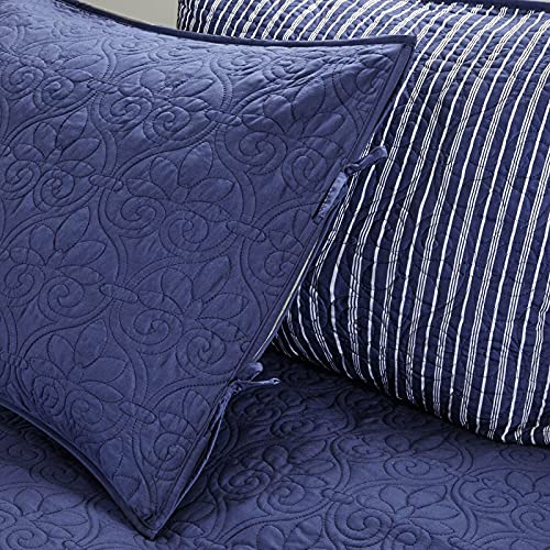  Solid Navy Blue White Striped 6 Piece Pc Twin Daybed Set Quilted Cover Bedding