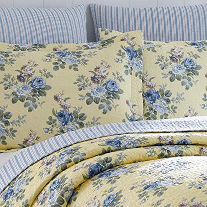 Laura Ashley Home Linley Collection Quilt Set-100% Cotton, Reversible, Lightweight & Breathable Bedding, Pre-Washed For Added Softness, King, Pale Yellow