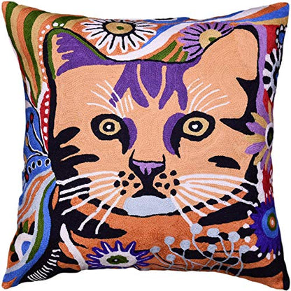  Kashmir Designs Cat Pillow Cover | Kitty Accent Pillow | Modern Cats Cushion | Colorful Cat Pillows | Cat Face On Pillow | Cat Lover Gift | Hand Embroidered Cushions | Wool Size - 18x18