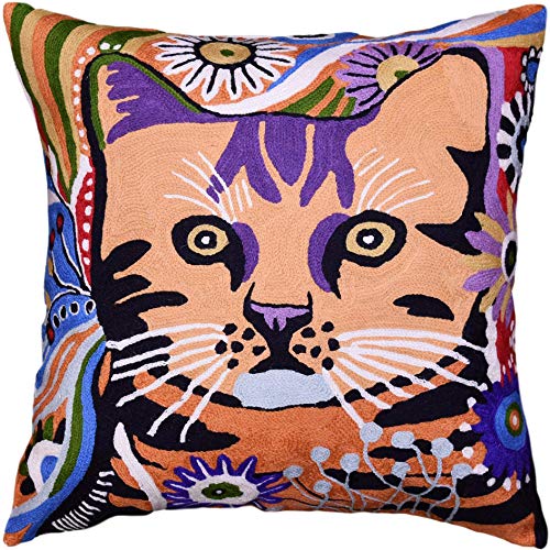  Kashmir Designs Cat Pillow Cover | Kitty Accent Pillow | Modern Cats Cushion | Colorful Cat Pillows | Cat Face On Pillow | Cat Lover Gift | Hand Embroidered Cushions | Wool Size - 18x18