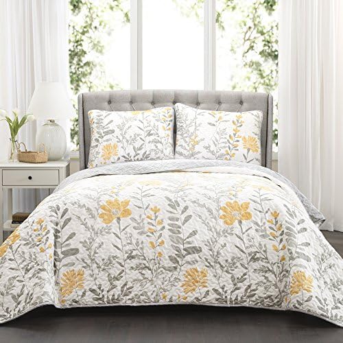  Lush Decor Yellow Aprile Reversible Quilt 3 Piece Floral Leaf Design Bedding Set, King, Blue & Gray