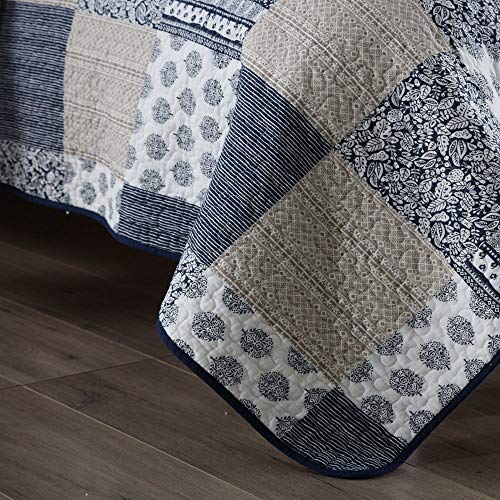  VIVILINEN Quilted Bedspread Coverlet Set 3 Pieces Navy Patchwork Stitched Pattern Reversible Quilt Sets With 2 Pillow Shams Full/Queen Size 90’’x98