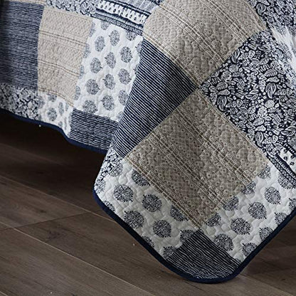  VIVILINEN Quilted Bedspread Coverlet Set 3 Pieces Navy Patchwork Stitched Pattern Reversible Quilt Sets With 2 Pillow Shams Full/Queen Size 90’’x98