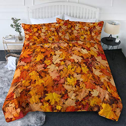  BlessLiving Fall Color Leaf Comforter Set Queen Set 3 Piece Maple Bedding Sets With Orange Comforter Autumn Leaves Bedspread 3D Nature Art Quilted Set, Soft Lightweight Full/Queen Bed Set