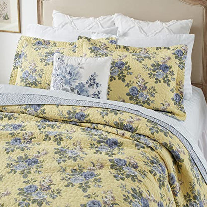Laura Ashley Home Linley Collection Quilt Set-100% Cotton, Reversible, Lightweight & Breathable Bedding, Pre-Washed For Added Softness, King, Pale Yellow