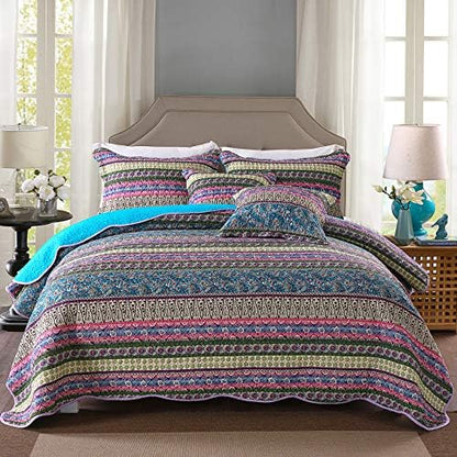  MaiuFun Cotton Bedspread Quilt Sets Queen/Full Size, Retro Blue/Purple Classical Striped Bohemian Floral Patchwork Patterns, 3-Piece Bedding Coverlet For All Season (1 Quilt + 2 Pillow Shams)
