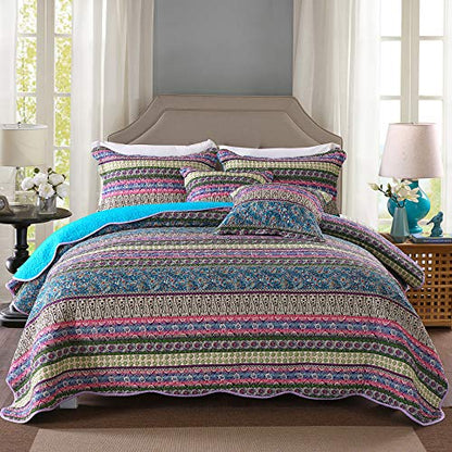  MaiuFun Cotton Bedspread Quilt Sets Queen/Full Size, Retro Blue/Purple Classical Striped Bohemian Floral Patchwork Patterns, 3-Piece Bedding Coverlet For All Season (1 Quilt + 2 Pillow Shams)