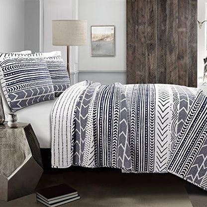  Hygge Geo Reversible 3 Piece Cotton Duvet Set, King, Gray & White