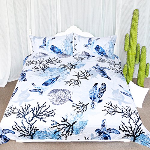  Honu Sea Turtle Bedding White Indigo Hawaiian Duvet Cover Turtles Bed Set Beach Theme Bed Spread For Summer (Queen)