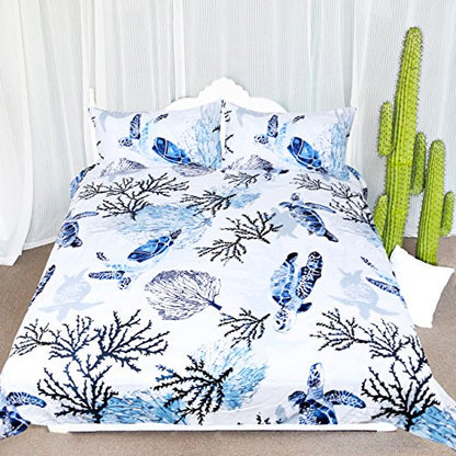  Honu Sea Turtle Bedding White Indigo Hawaiian Duvet Cover Turtles Bed Set Beach Theme Bed Spread For Summer (Queen)