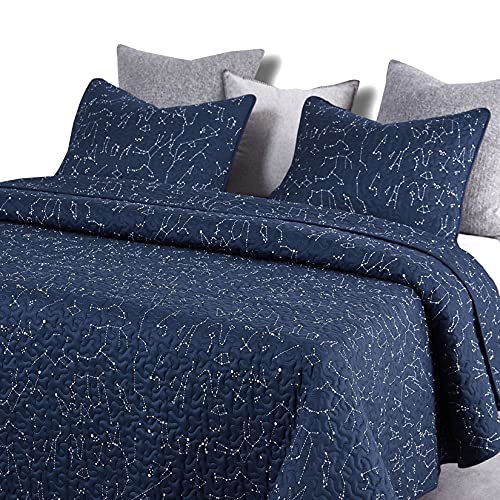 - Constellation Quilt Set, Navy Blue With White Space Stars Pattern Printed, Soft Microfiber Bedspread Coverlet Bedding (3pcs, Queen Size)
