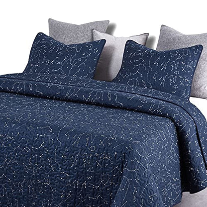  - Constellation Quilt Set, Navy Blue With White Space Stars Pattern Printed, Soft Microfiber Bedspread Coverlet Bedding (3pcs, Queen Size)