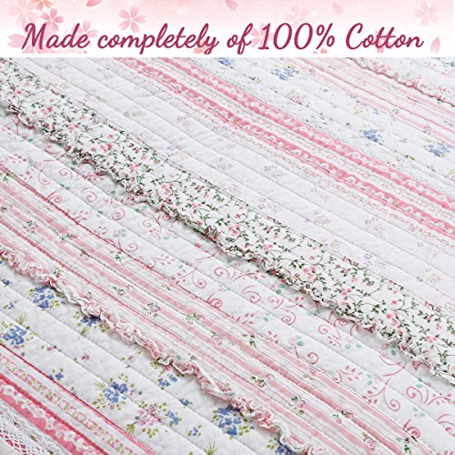  Cozy Line Home Fashions Pink Flower Lace Ruffle Stripe Shabby Chic Girl 100% Cotton Reversible Quilt Bedding Set, Coverlet, Bedspread (Pink Lace, Twin - 2 Piece: 1 Quilt + 1 Sham)