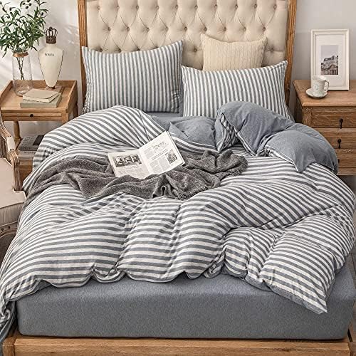  PURE ERA Jersey Knit Duvet Cover Set 100% T-Shirt Heather Cotton Super Soft Comfy Classic Striped Design, With Zipper Closure, Forest Green Stripe, Queen