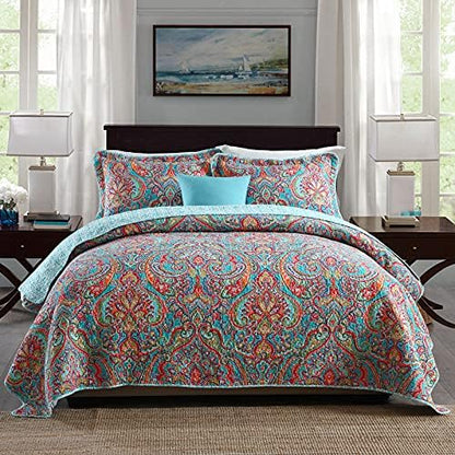  Cotton Quilt Set King Size,3 Pieces Reversible Bedspread Patchwork Bedding Set Teal Blue Floral Covetlet With 2 Pillow Cases For All Season King (94"×106")