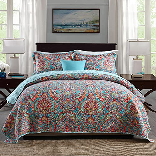  Cotton Quilt Set King Size,3 Pieces Reversible Bedspread Patchwork Bedding Set Teal Blue Floral Covetlet With 2 Pillow Cases For All Season King (94"×106")
